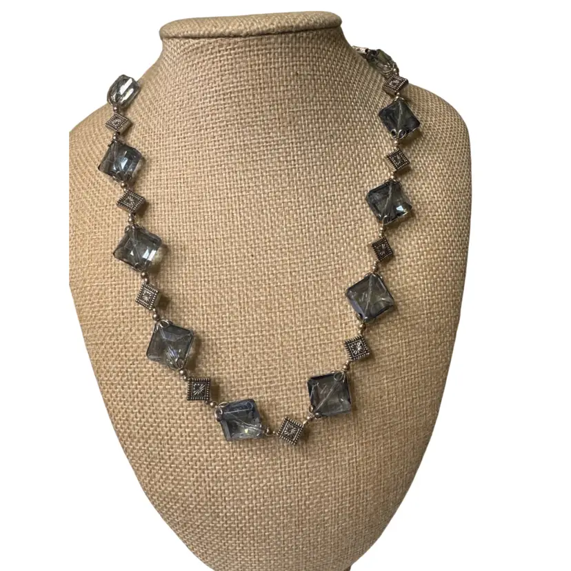 Handcrafted Faceted Blue Glass Bead Statement Necklace – Antiqued Silvertone Art Deco Clasp & Spacers