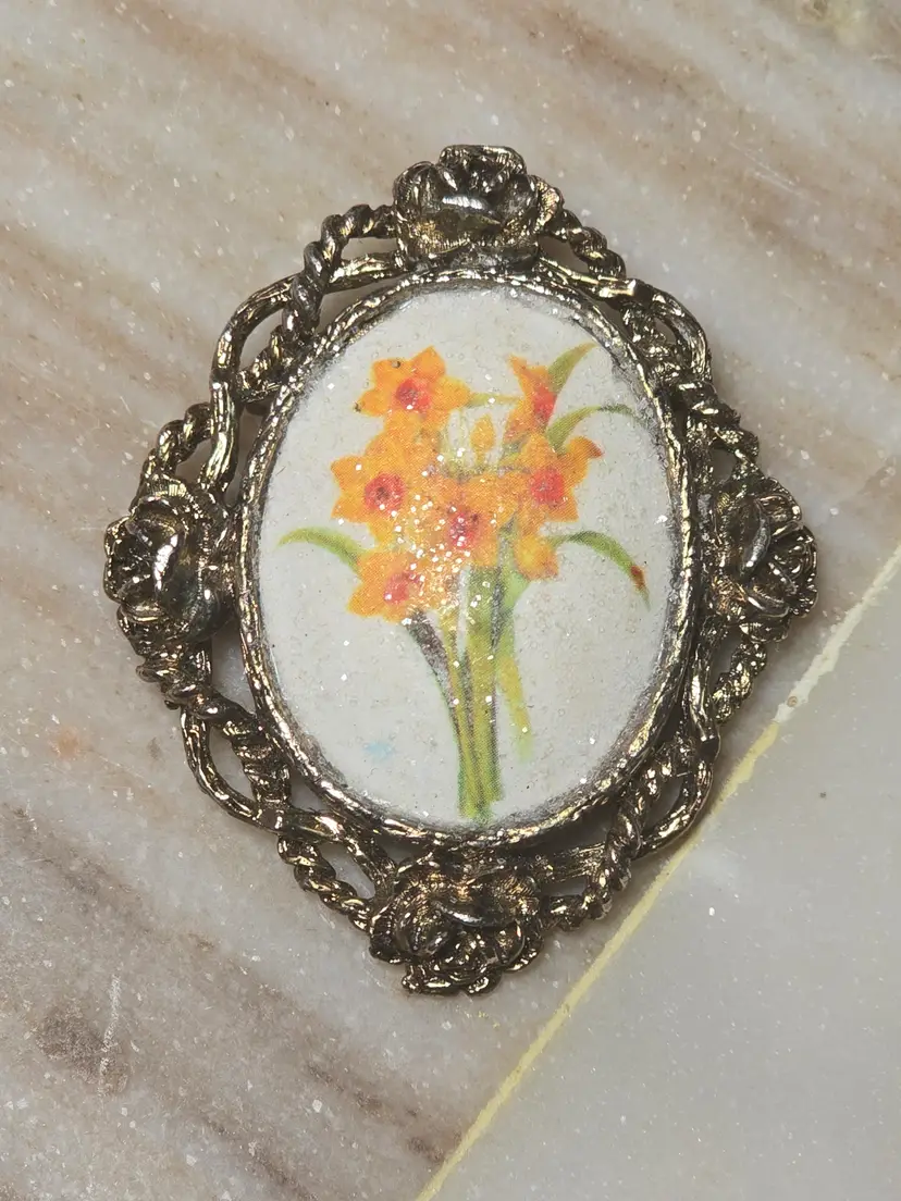 Vintage Orange Floral Brooch Pendant Ornate Gold Tone