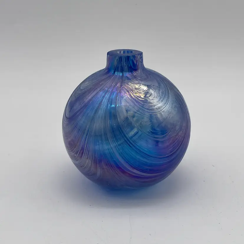 Vintage Round Iridescent Celestial Blue Artisan Hand Blown Pulled Feather Glass