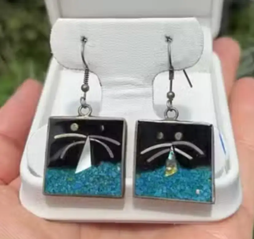 Vintage Alpaca Mexico Sterling Palm Tree Earrings, Blue Inlay Earrings, Mosaic Drop Earrings