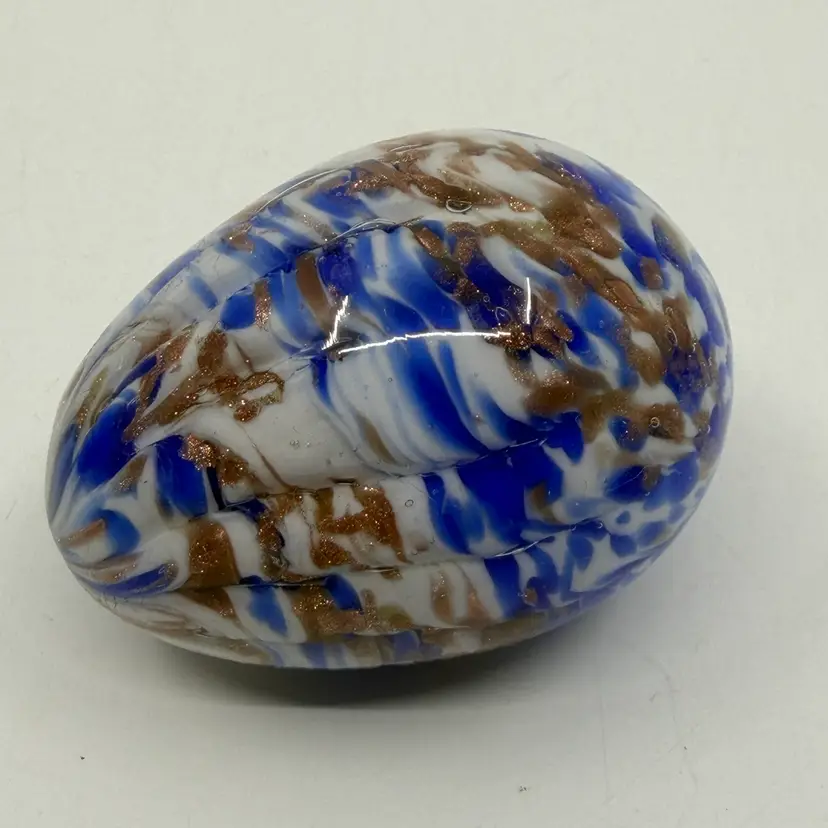 Vintage Hand Blown Art Ribbed Glass Egg Paperweight Blue, White Swirl & Gold Flakes