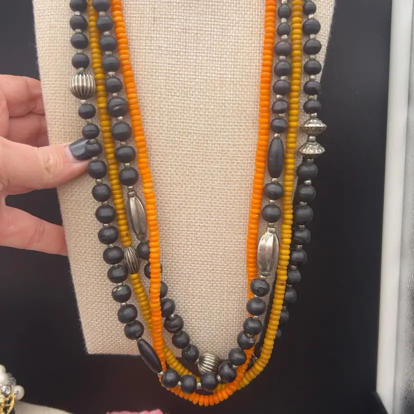 #01 Vintage 1990s 2000s Multi Strand Black Wood Orange Yellow Bead Necklace 26"