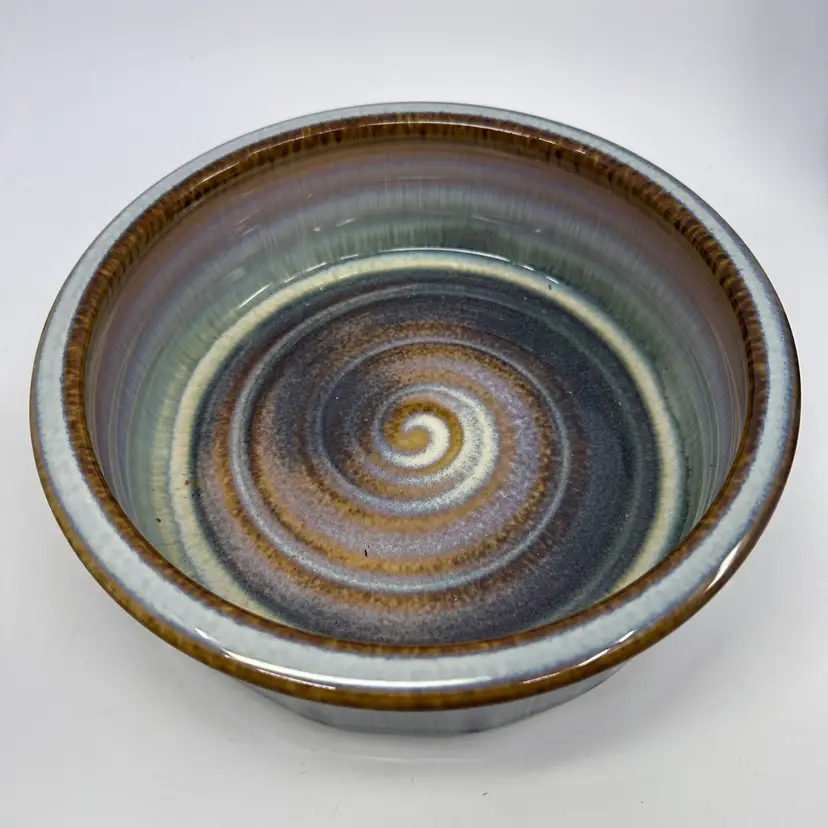Vintage Bill Campbell Pottery Blue Drip Glaze Swirl Bowl, Signed