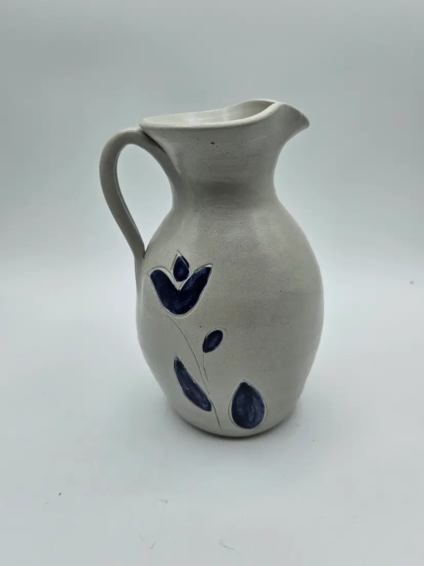 7.5" Williamsburg Pottery Stoneware Pitcher Jug Blue Leaves Salt Glaze Farmhouse