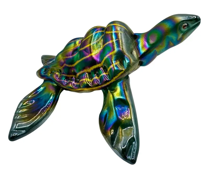 Signed Kevin Fulton Studio Art Glass Leatherback Sea Turtle Iridescent Green