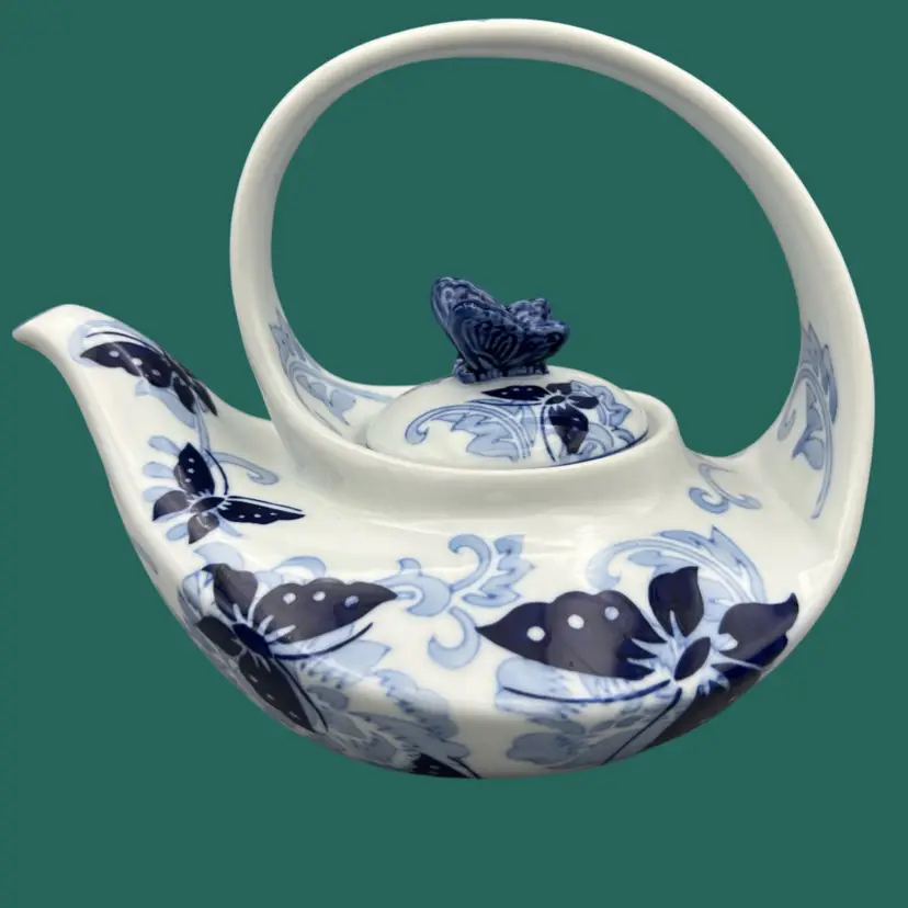 Pier 1 Butterfly Teapot With Lid Blue And White Porcelain Asian Handle