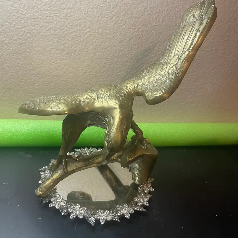 Gorgeous Solid brass American bald eagle sculpture perched on a branch with an outstretched wingspan of approx 14” From European Fleamarket