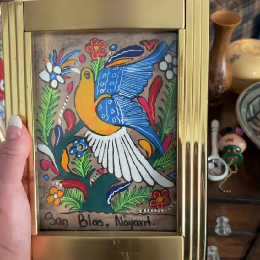 Mexico Amate Paper Handmade Handpainted GLOWS Bird Picture In Gold Frame 5x7