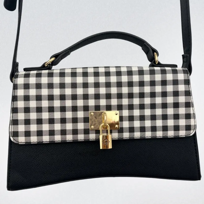 Nanette Lepore - Black/White Gingham Crossbody Bag - Faux Leather- Adjustable Strap- Gold Tone Lock Detail- 10”w, 6”h