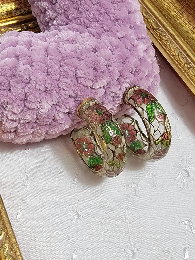Vintage Chinese plique-à-jour enamel stained-glass style floral hoop earrings