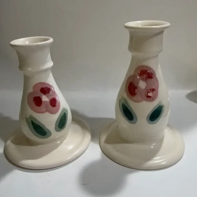 Pair Art Pottery Candleholders- Floral Design- Signed By Ginny 5.25” Tall And 5.75” Tall