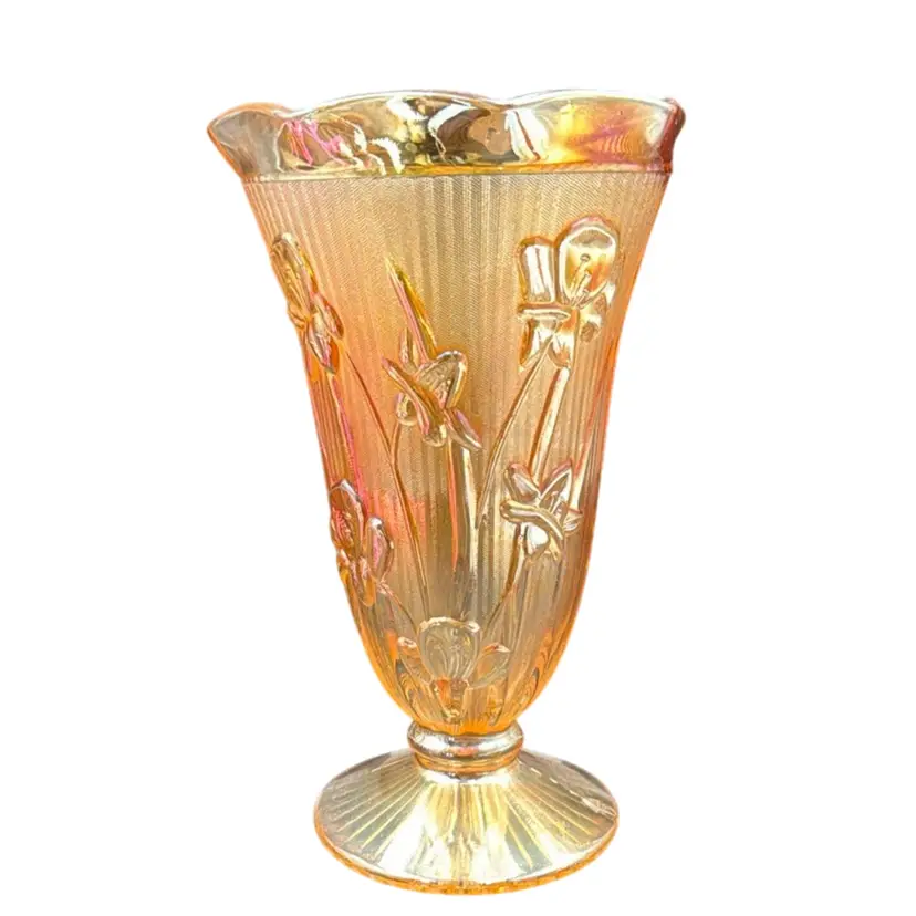 Jeanette Iris Herringbone Marigold Carnival Glass Footed Vase