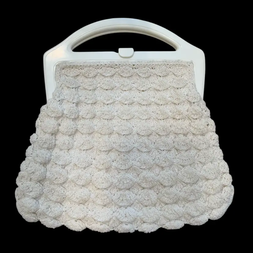 Vintage 1940’s Boho Macrame Popcorn Crochet Woven Knit Purse w/ Plastic Handle Made in USA