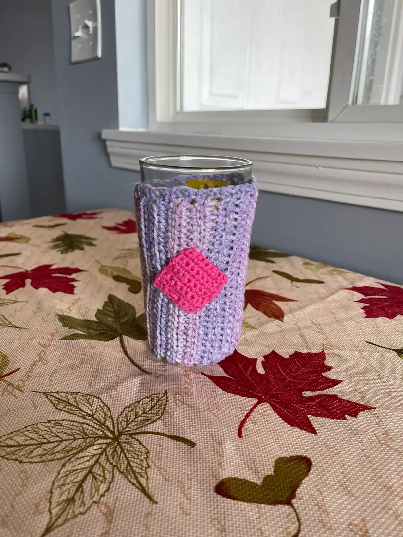 Crocheted Pastel Glass Cozy with Pink Accent