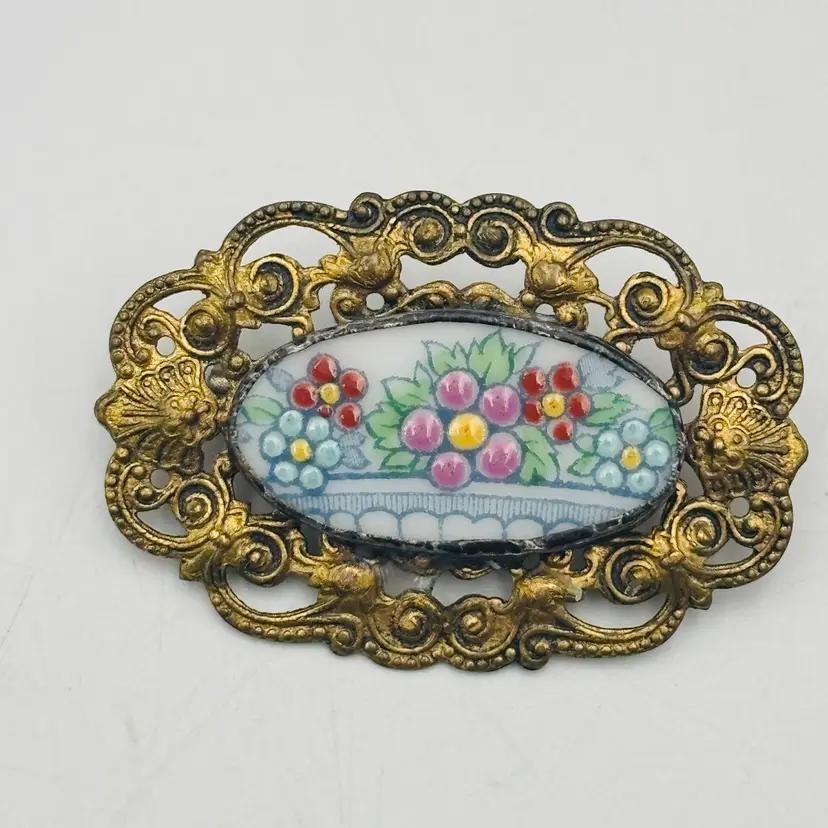 Vintage Oval Brooch Ceramic Plaque on Brass Filigree Frame Victorian Revival