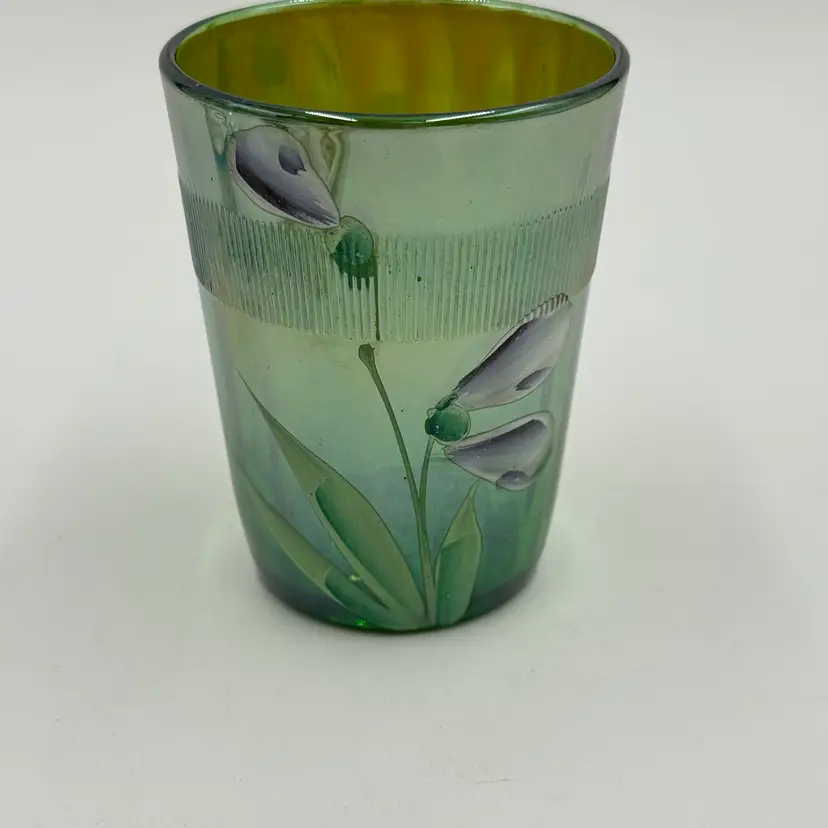 Antique Fenton Crocus Green Enameled Floral Carnival Glass Tumbler Prism Band