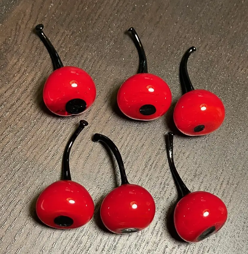 Handblown Art Glass Cherries Red Orb with Black Stems Lot of 6