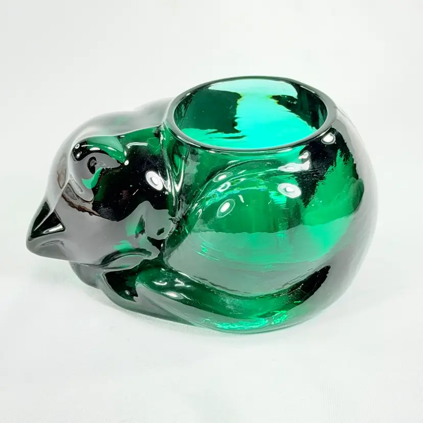 Indiana Green Glass Kitten Candle Votive