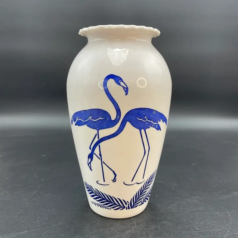 Anchor Hocking Milk Glass with Blue Flamingos Vase Vintage Beach Tropical Glows