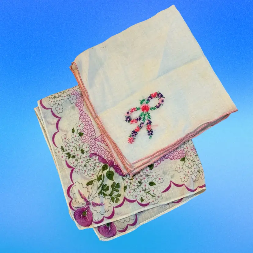 KK — Vintage Pink & Purple Linen Handkerchiefs, Pair