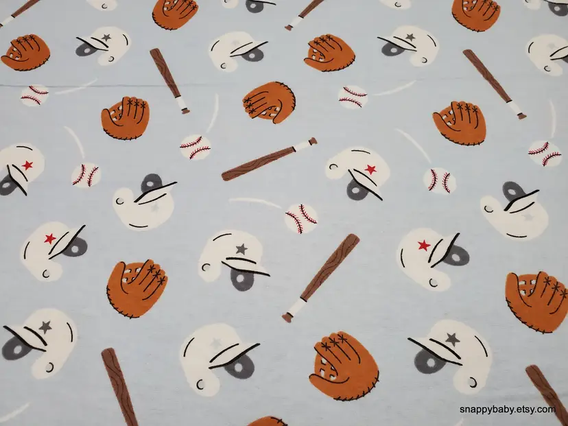 Baseball Icons Light Blue Flannel Fabric Remnant - 100% Cotton - Choose Size - Soft Craft & Quilting Fabric