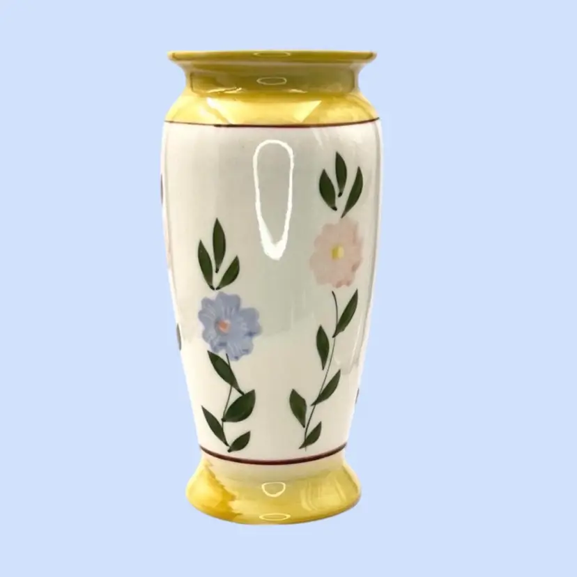 #512- Yellow Vase hand 8” Painted Gold Trim Porcelain w/ Pink & Blue Flowers