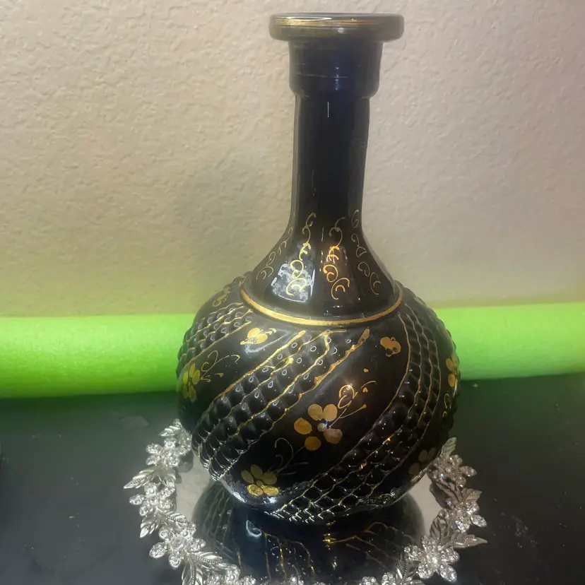 VTG Hand painted Neker Black Art Glass 10” Fluted Vase Made In Israel