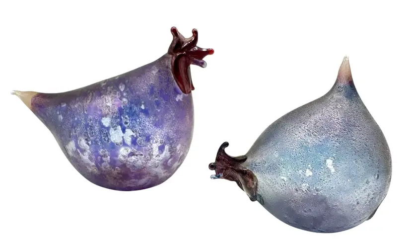 Set of 2 Rene Burri Mundgeblasen Blown Glass Chicken Rooster Bird Figurine Blue