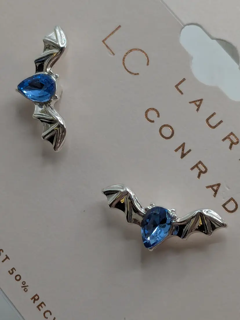 Lauren Conrad Silver Tone Bat Blue Rhinestone Halloween Earrings NWT