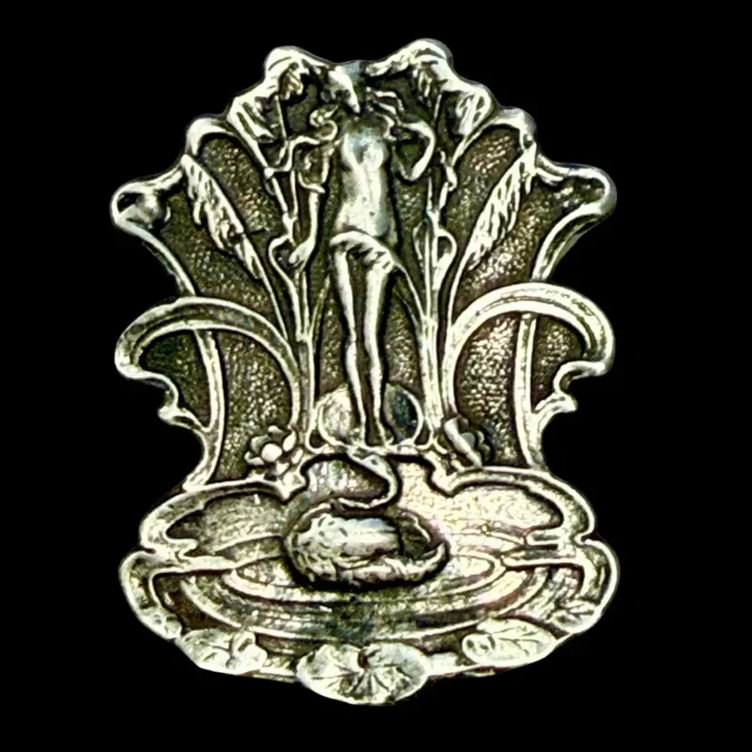 Antique Art Nouveau Sterling Silver Lily Fairy Leda Goddess Brooch 1.24”,