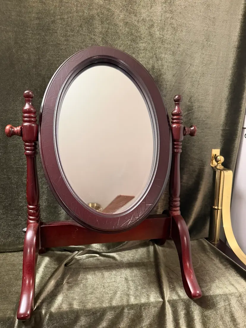 Vintage Edwardian Style/ Queen Anne Accent Wood Tabletop Vanity Mirror With crackle Decoration - Oval Swing Dresser Mirror 19.5” Tall X 14.5” Wide