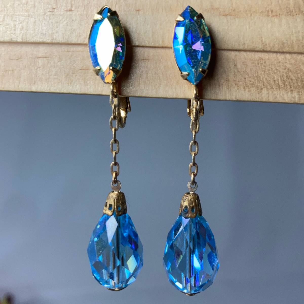 Niknax · Blue AB Crystal Gold Tone Clip On Earrings! 2” Drop!
