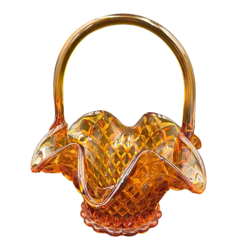 Vintage Indiana Glass Ruffled Basket Diamond Cut Amberina Cadmium Glow