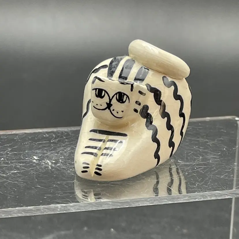 Studio Pottery Miniature Cat Kitty Kitten Figurine White Black Striped Signed