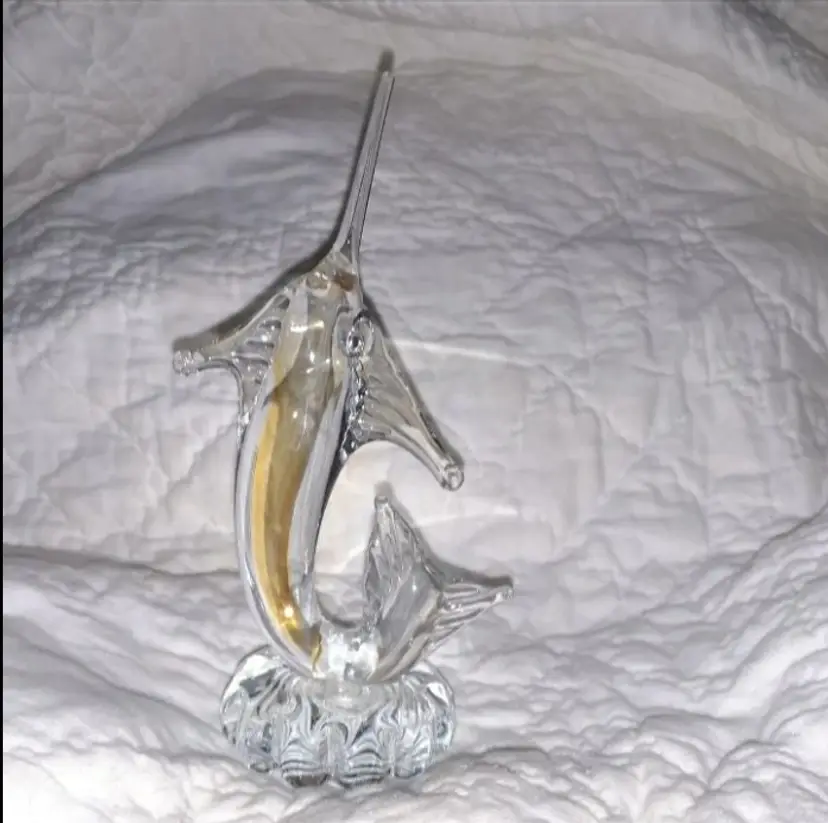 Vintage Arte Murano Icet Glass Swordfish in clear with swirls of Amber figurine