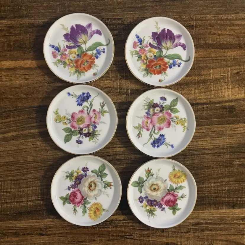 Vintage Furstenberg Ancestral Dresden Floral Porcelain Coasters Germany Set of 6