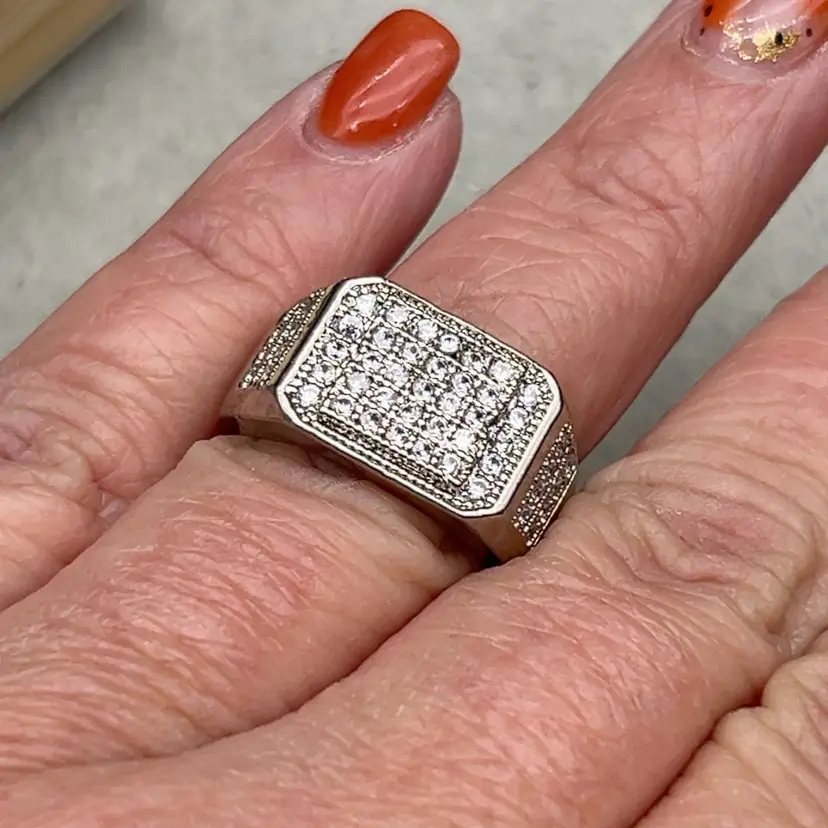 Silver Plated Pavé CZ Signet Statement Ring Size 7
