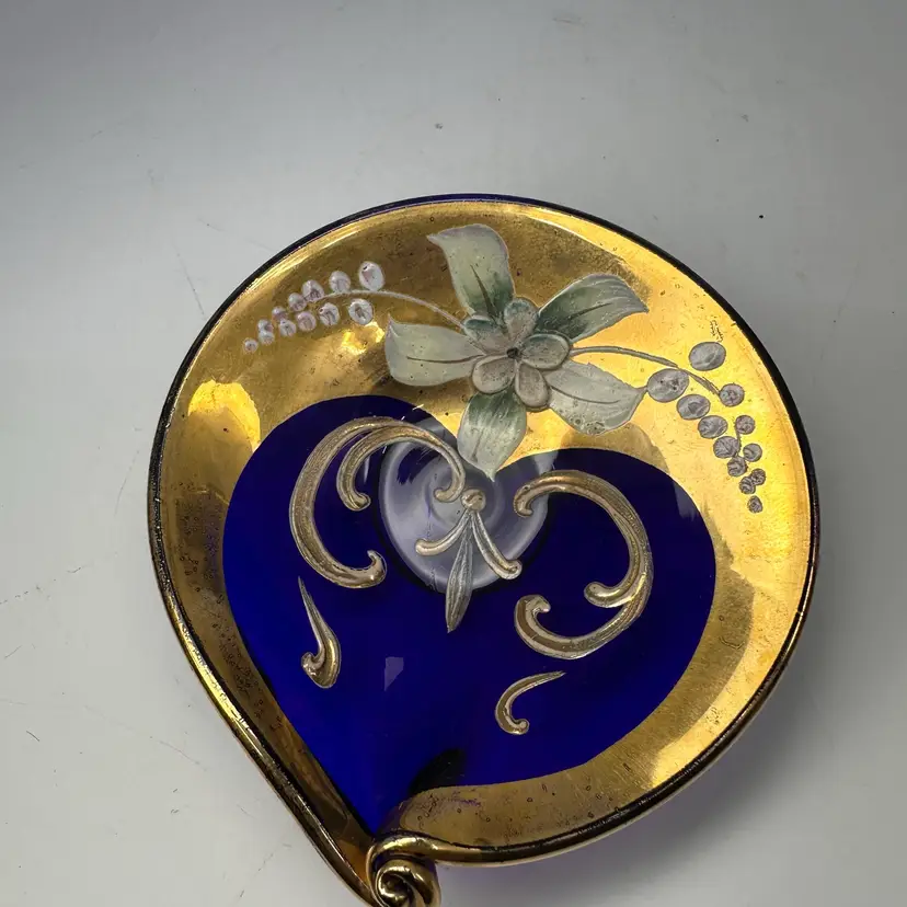 Bohemian Czech Cobalt Glass Hand Painted Raised Floral Trinket Dish