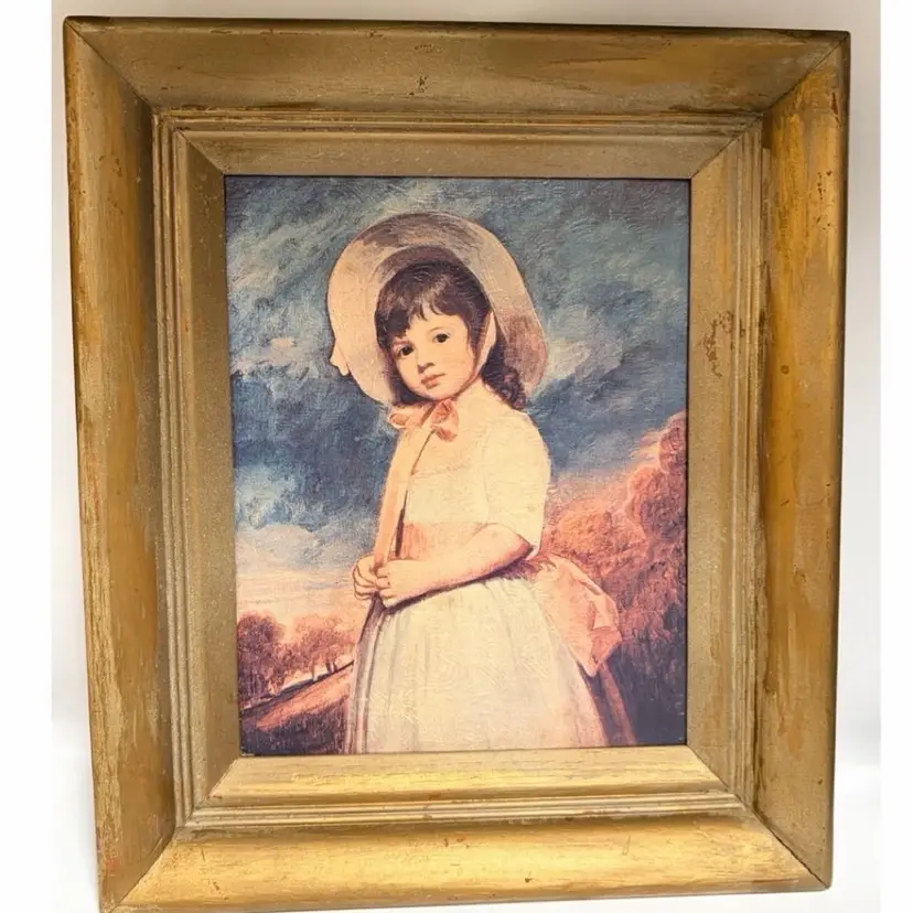 1950s Framed Art: 'Miss Juliana Willoughby' by George Romney. Solid Wood Frame w/ Original Patterned Backing- 13”x 11.75”