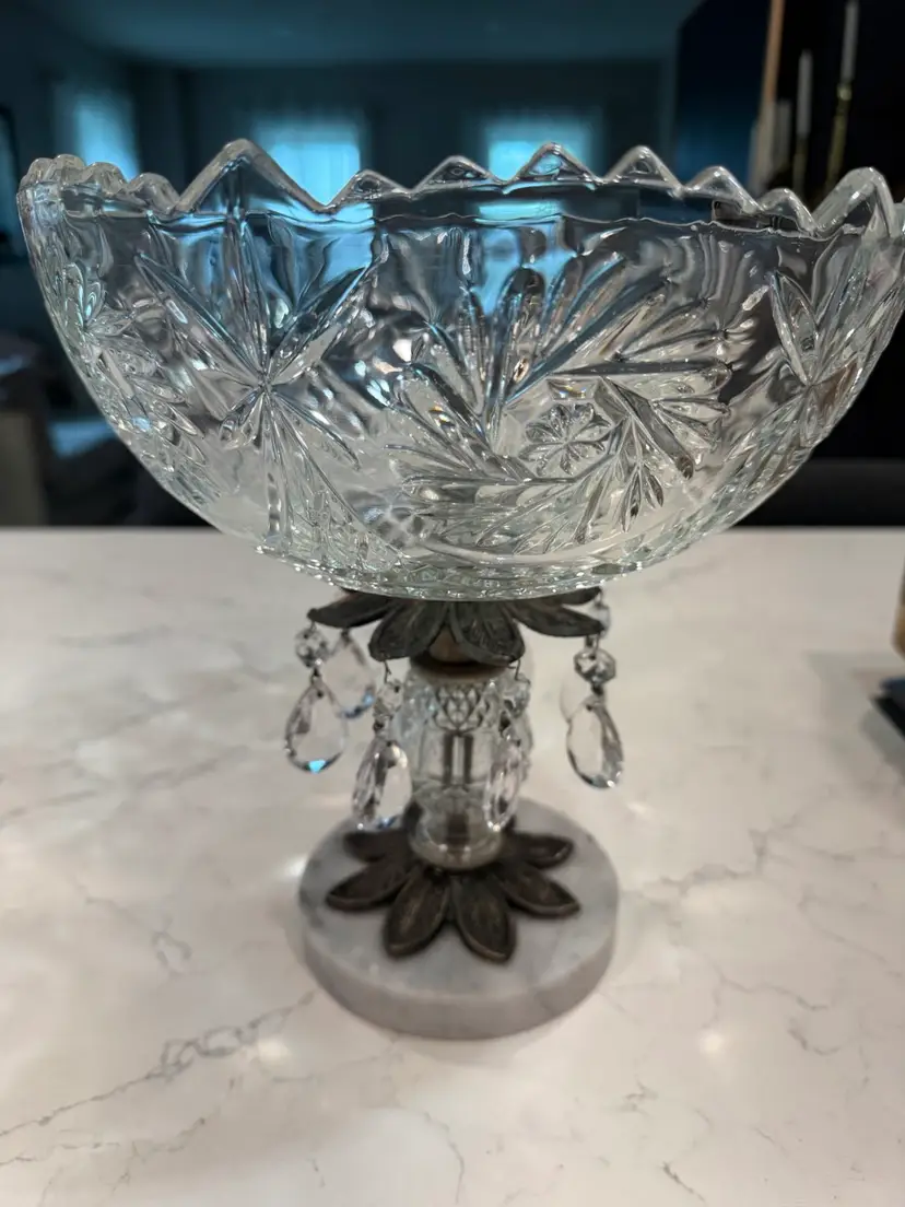🪹Huge Cut Glass Bowl On Glass And Metal Pedestal With Teardrops And Italian Marble Base