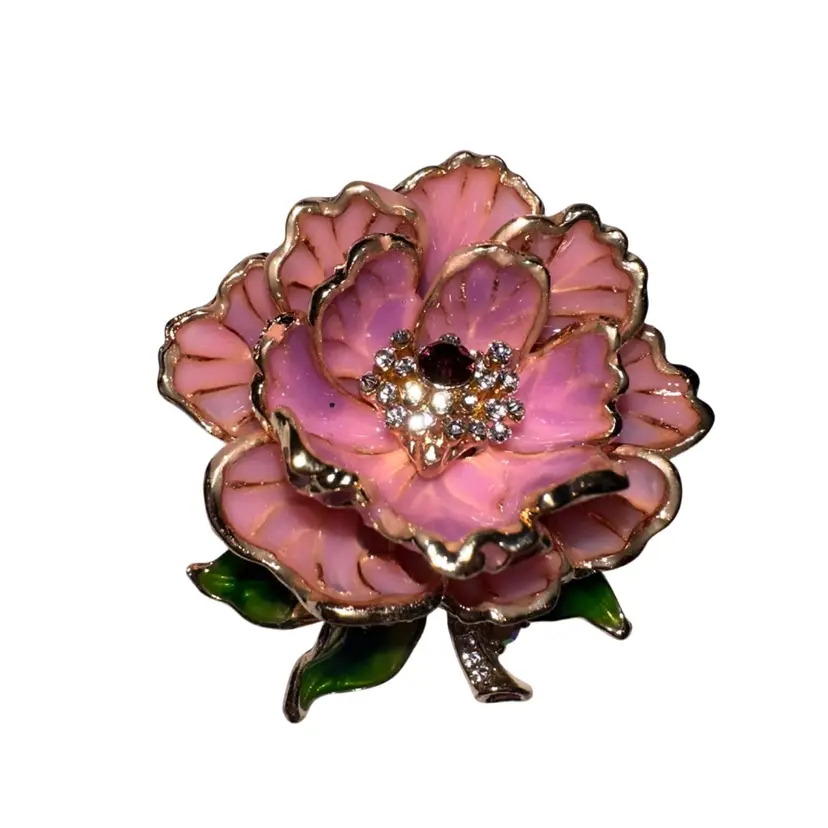 Gold Tone Rhinestone & Enamel Peony Brooch