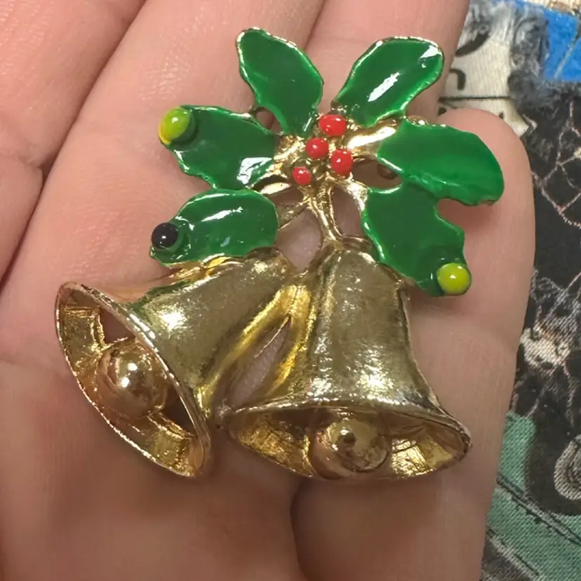 Gold Tone Enamel Double Bell Brooch Pin