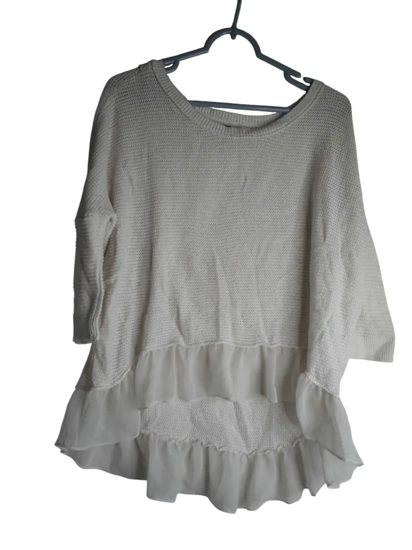 American Eagle sweater Sz S white hi low chiffon ruffled dolman sleeve scoop neck