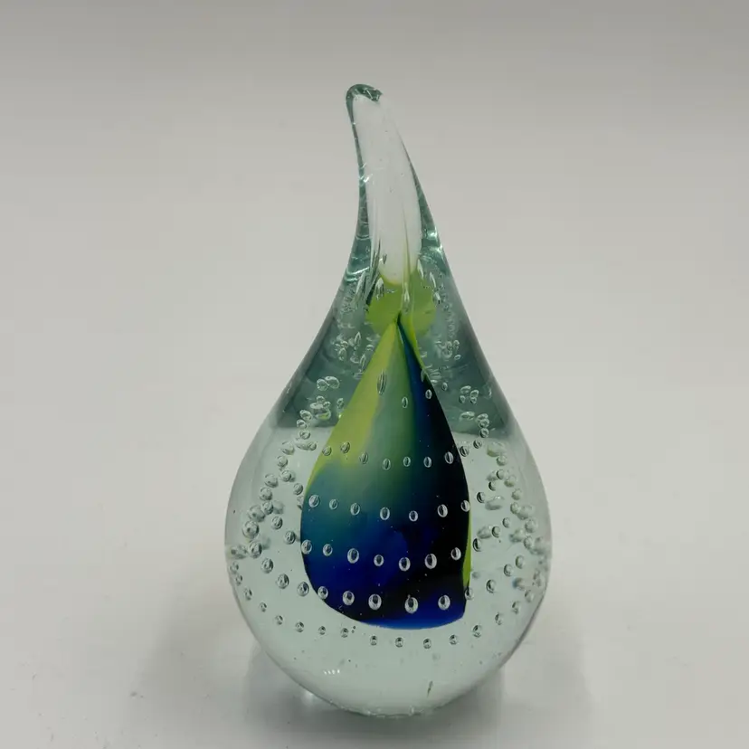 Adam Jablonski Signed Poland Blue Green Art Glass Paperweight Controlled Bubble