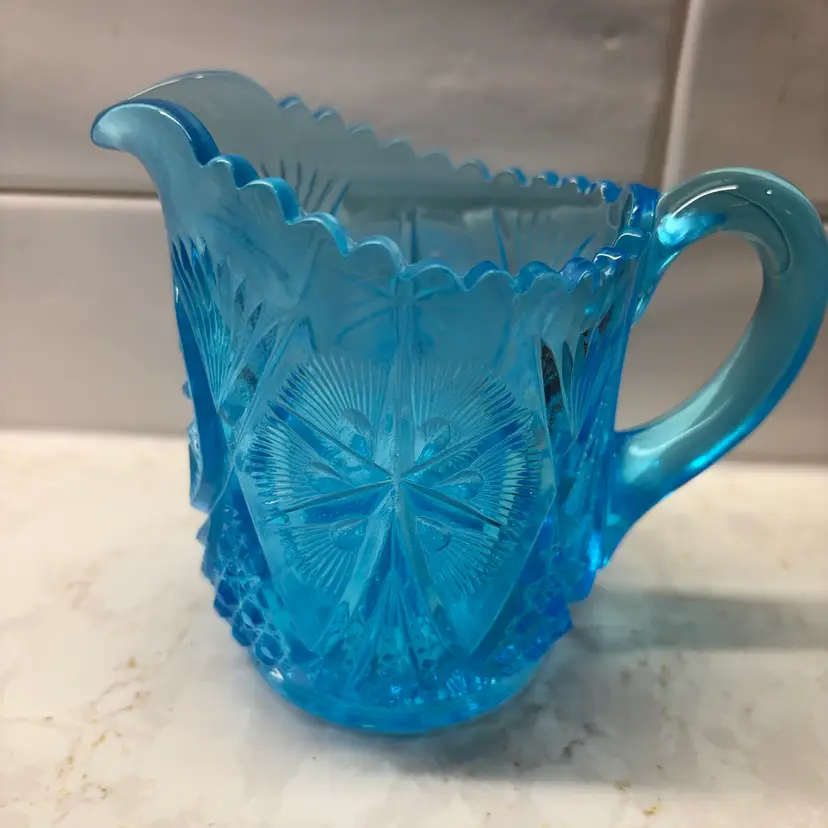 Vtg Fenton Blue Daisy & Button Cream Pitcher - Milk Creamer 4" Pineapple Fan