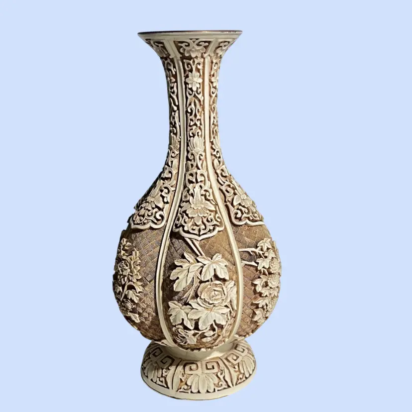 #496- Vintage Vase Carved Relief Rose  Inset Brass Opening & Base "Ivory Dynasty" Arnart Imports 1980s  Japan