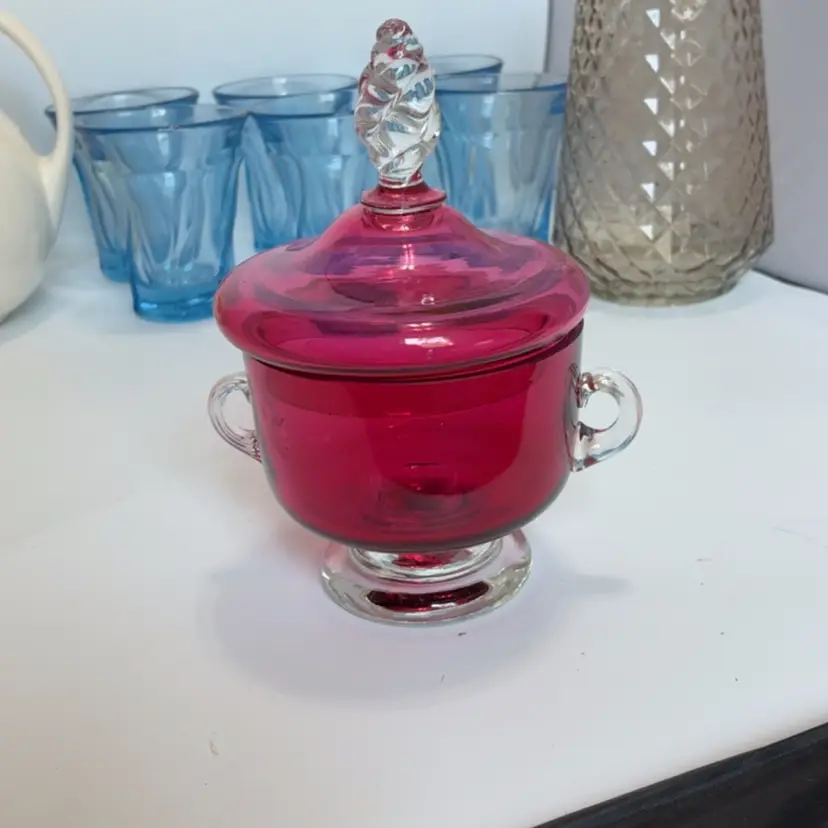 Cranberry 🍒 Glass Covered Dish! 6.5” Tall By 4.5” Wide