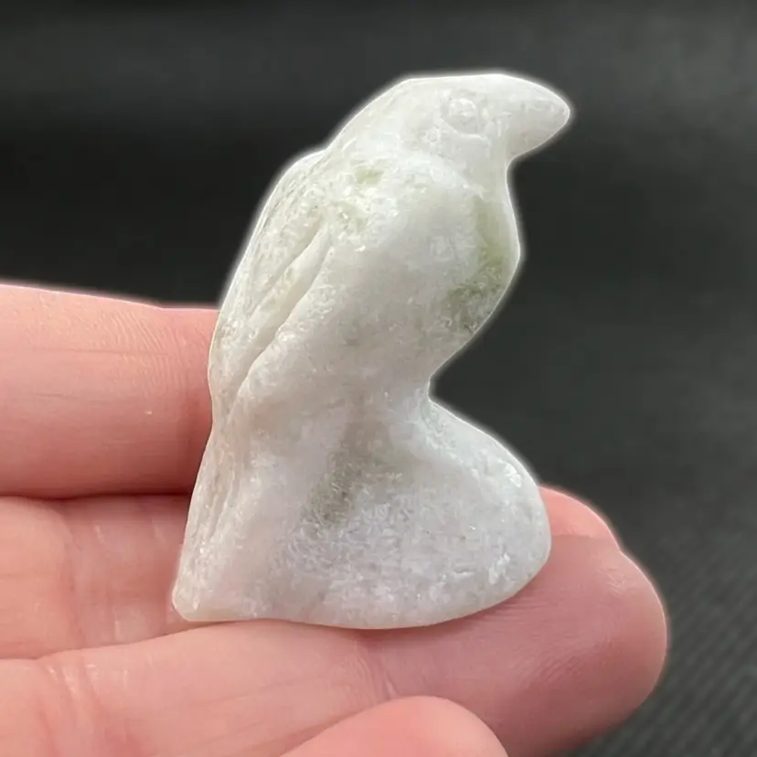 White & Green Jade Miniature Raven 🐦‍⬛  Crow Figurine– Crystal Carving