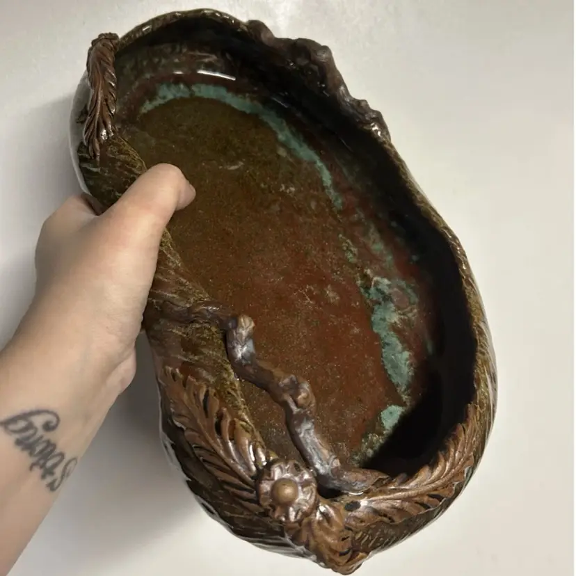 Handmade Pottery Centerpiece Bowl With Branch Handles And Flower Detail