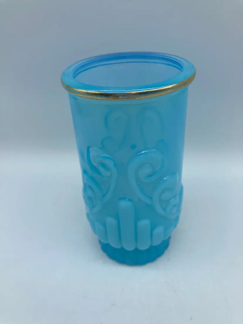 Vintage~1970's~AVON~Blue~MILK GLASS~Embossed~Footed Vase~4.75"x2.75"